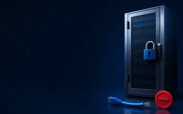 Deep navy Chinaready Insights cover with a right-weighted sealed server vault, blue padlock, and severed outbound cable at a stop disc; left field open for title scrim; no headline text in the image.