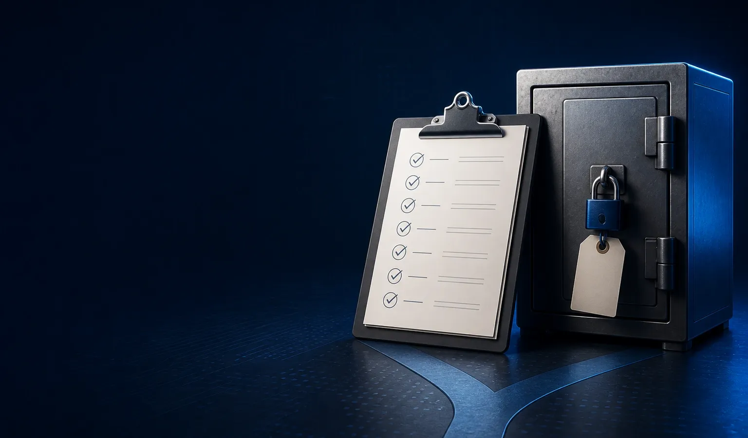 Deep navy Chinaready Insights cover with a right-weighted assessment clipboard and classified-data vault on a quiet fork path, metal padlock and blank classification tag; left field open for title scrim; no headline text in the image.