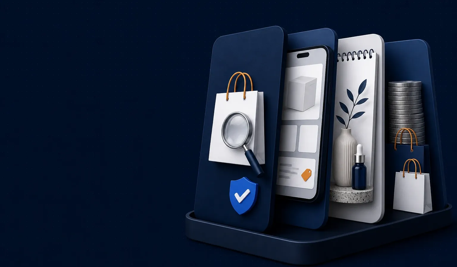 Deep navy Chinaready Insights cover with a right-weighted cluster of four overlapping consumer-rail slabs (search-shop bag and magnifier, short-video shop phone, lifestyle note card, value and group-buy coin stack); left field open for title scrim; no headline text, brand logos, or Chinese characters in the image.