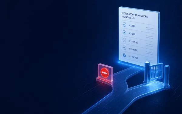 Deep navy Chinaready Insights cover with a right-weighted Negative List document panel paired with an access-versus-restricted path fork; left field open for title scrim; no headline text in the image.