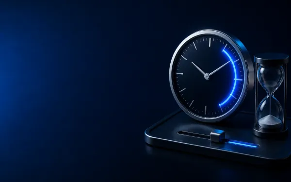 Deep navy Chinaready Insights cover with a right-weighted analog clock, hourglass, and session-limit slider on a dark tray; left field open for title scrim; no headline text in the image.