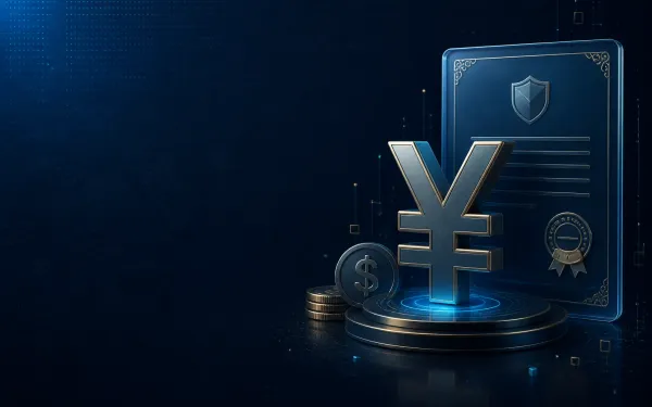 Deep navy Chinaready Insights cover with a right-weighted yuan and commercial-license motif; left field open for title scrim; no headline text in the image.