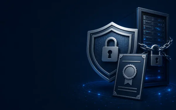 Deep navy Chinaready Insights cover with a right-weighted graded cybersecurity shield and sealed certificate motif; left field open for title scrim; no headline text in the image.