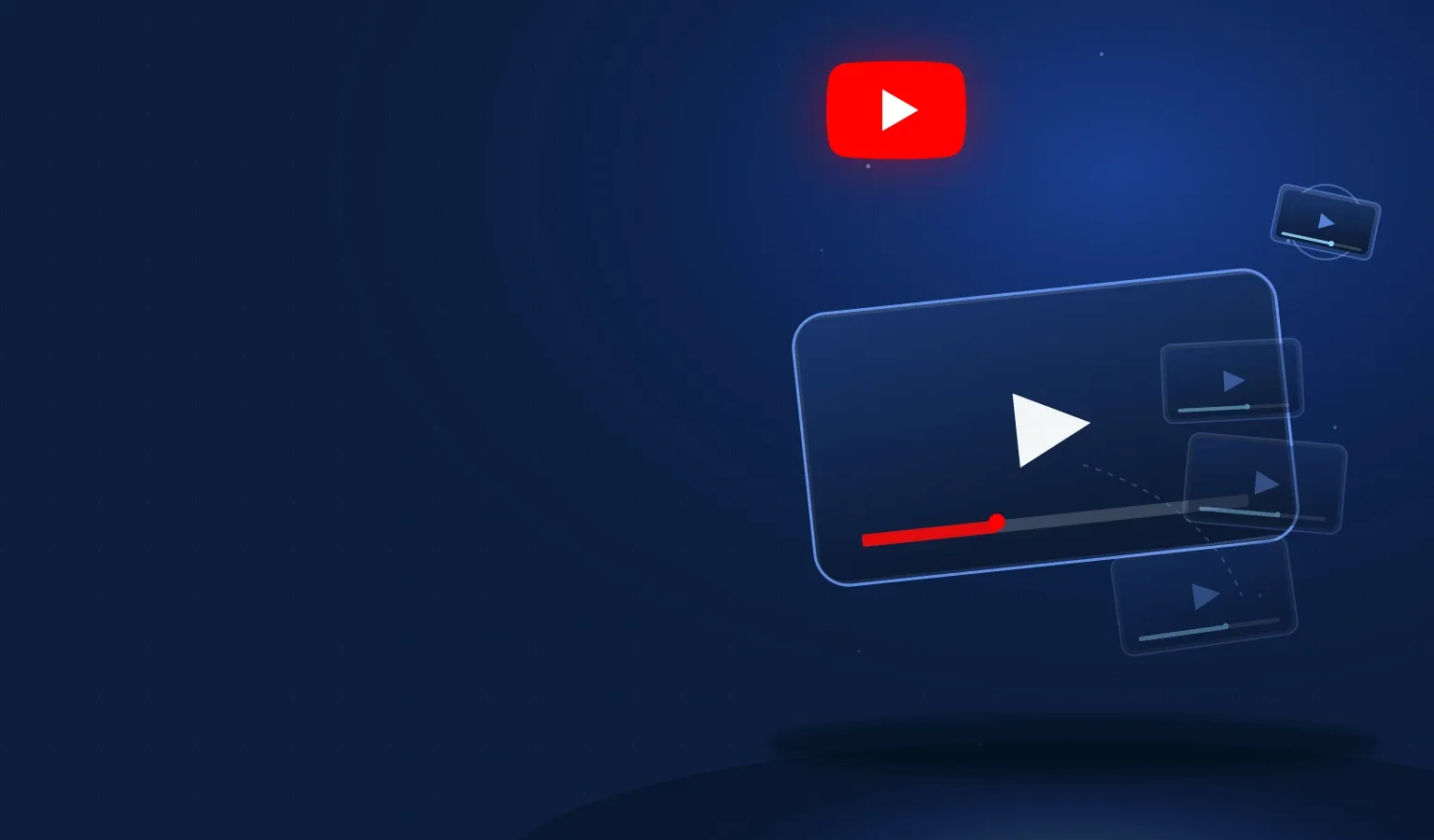 Deep navy Chinaready Insights cover with a right-weighted tilted 3D glass player screen with play triangle and red progress bar, a receding playlist rail of glass video cards with a lifted next-episode chip, and the official YouTube mark floating above the player; left field open for title scrim; no headline text in the image.