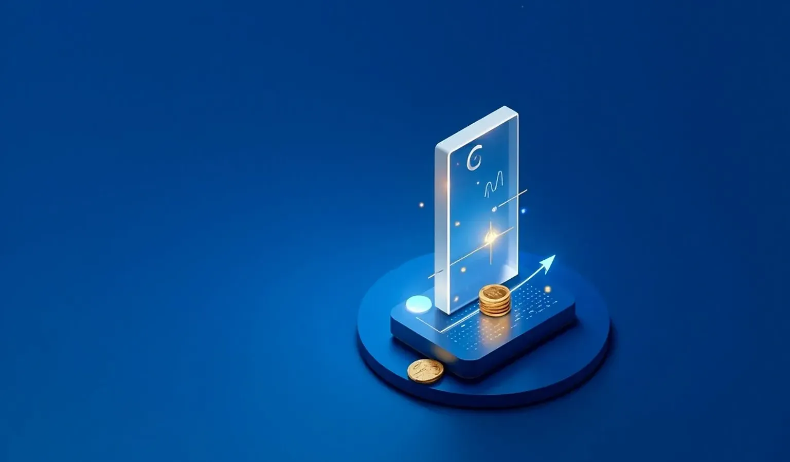 Deep navy editorial cover — a right-weighted frosted-glass dashboard monolith with floating translucent chart tiles (bars, gauge ring, rising curve), a gold sparkline climbing the glass, and a coin stack at the base; left field open for the title.
