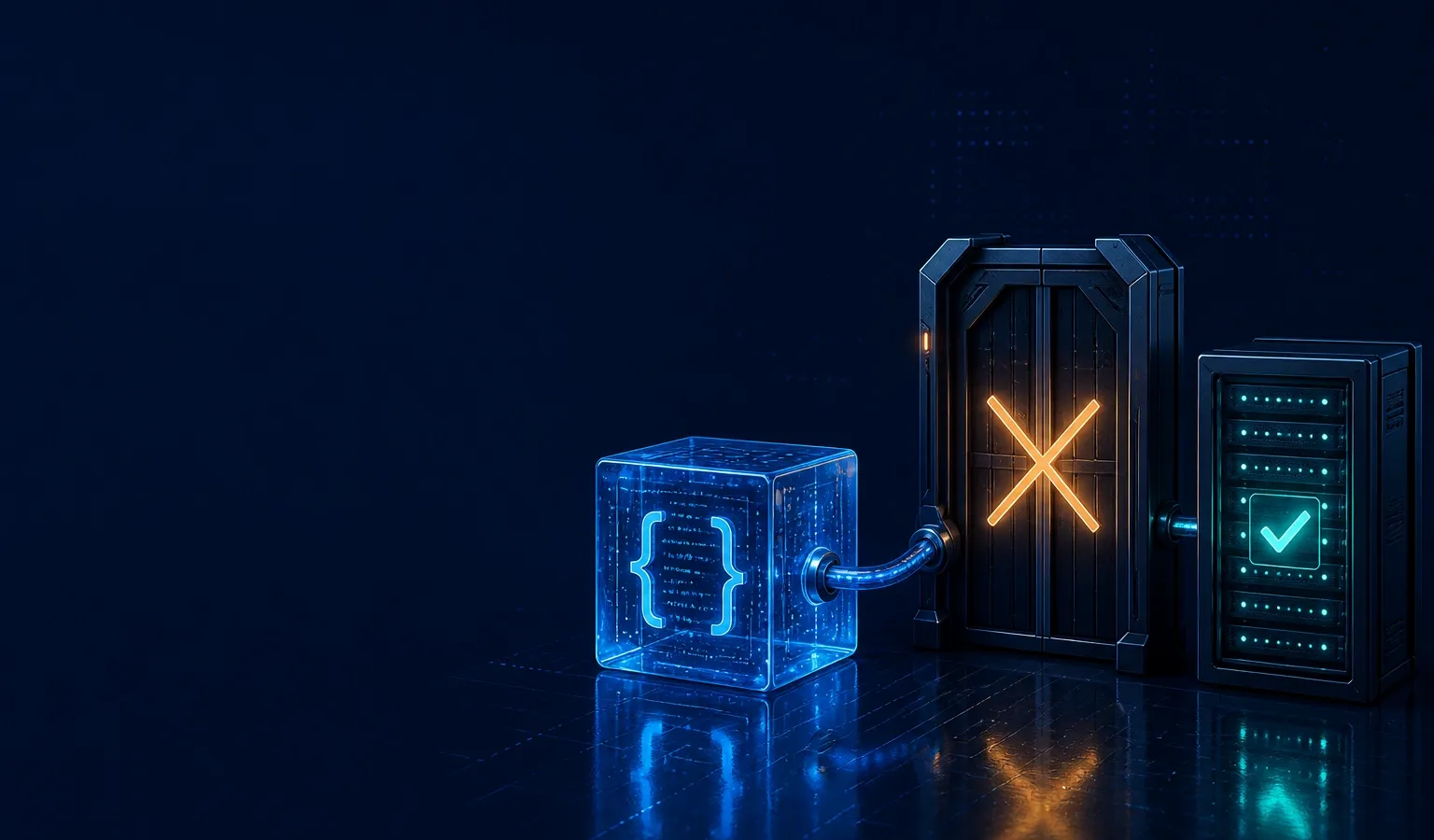 Deep navy Chinaready Insights cover with a right-weighted JSON API cube stalled at a closed gateway beside a lit China-reachable API origin rack; left field open for title scrim; no headline text in the image.