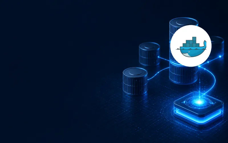 Deep navy Chinaready product cover with a right-weighted stack of container-image cylinders feeding a pull-through cache node, paired with the official Docker whale mark at about one-third height on the right; left field open for title scrim; no headline text in the image.