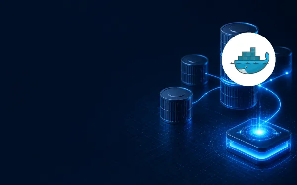 Deep navy Chinaready product cover with a right-weighted stack of container-image cylinders feeding a pull-through cache node, paired with the official Docker whale mark at about one-third height on the right; left field open for title scrim; no headline text in the image.