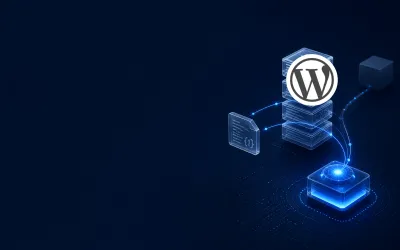 Deep navy Chinaready product cover with a right-weighted stack of glowing JS and CSS static-asset cubes on CDN path arcs into an edge node, paired with the official WordPress W mark at about one-third height on the right; left field open for title scrim; no headline text in the image.