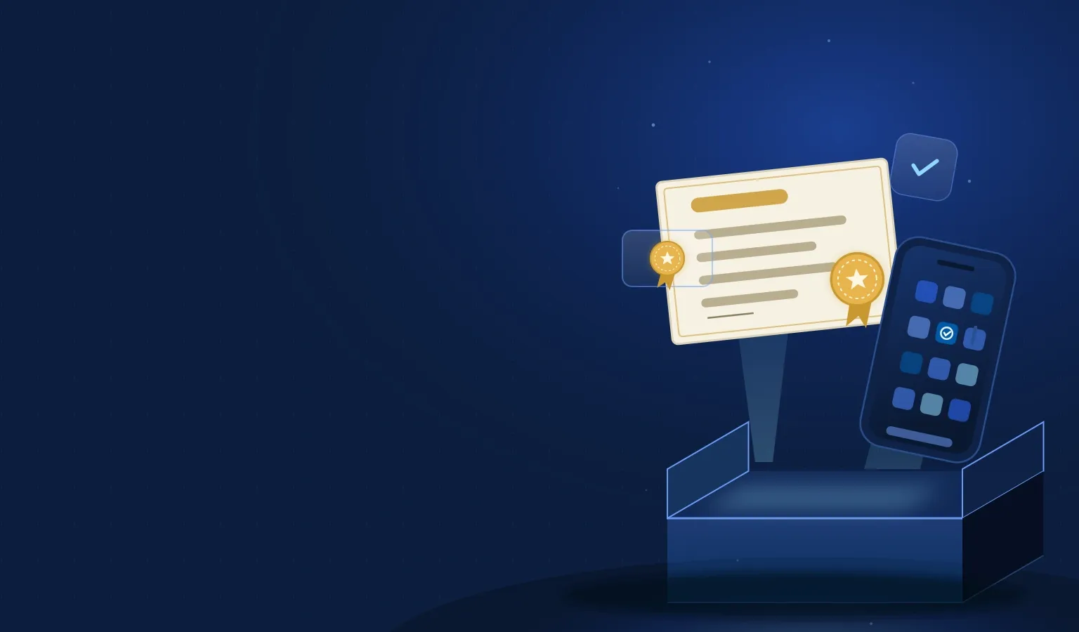 Deep navy Chinaready Insights cover with a right-weighted isometric open crate glowing cyan from inside, a cream Software Copyright Certificate with gold seal and a smartphone rising on light beams, plus floating seal-badge and check chips; left field open for title scrim; no headline text in the image.