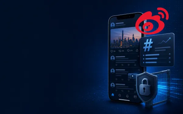 Deep navy Chinaready Insights cover with a right-weighted free-floating official Weibo (Sina Weibo) logo mark fully visible, paired with a microblog phone feed, trending-topic card, and lock-gate spend motif; left field open for title scrim; English-only UI glyphs; no Chinese characters or article headline text in the image.