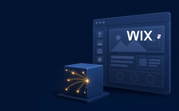 Deep navy Chinaready Insights cover with a right-weighted stalled website-builder canvas beside a China-reachable origin cube, paired with the official Wix mark at about one-third height on the right and a Framer mark in the same cluster; left field open for title scrim; no headline text in the image.