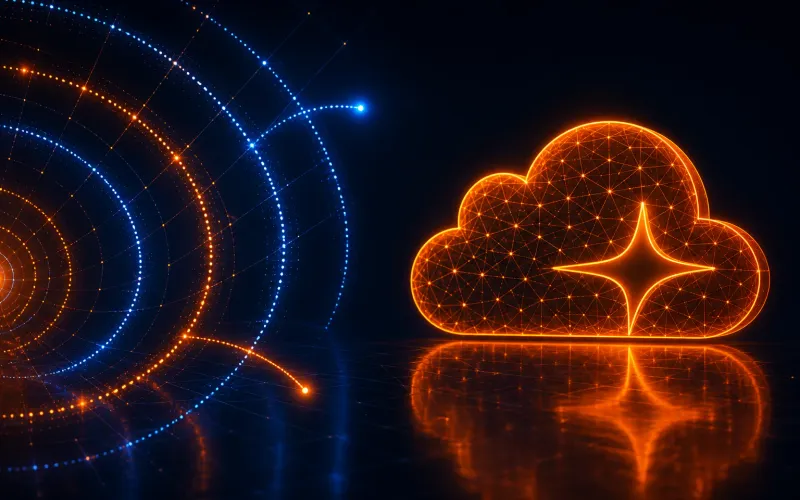 A glowing wireframe Cloudflare cloud logo in orange on a deep navy background, with concentric security-ring arcs on the left — dual-path edge motif, not horizontal streams through a light barrier.