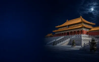 Deep navy Chinaready cover with a right-weighted night view of the Forbidden City palace roofs and marble terrace; left field open for the title scrim; no headline text in the image.