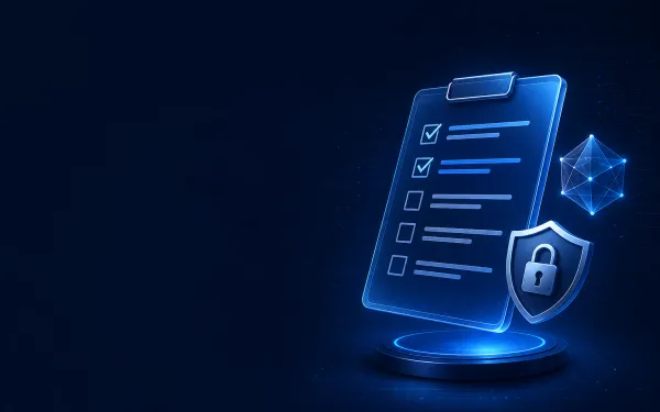 Deep navy Chinaready Insights cover with a right-weighted translucent survey clipboard, lock-shield, and data-node motif; left field open for title scrim; no Chinese characters or article headline text in the image.