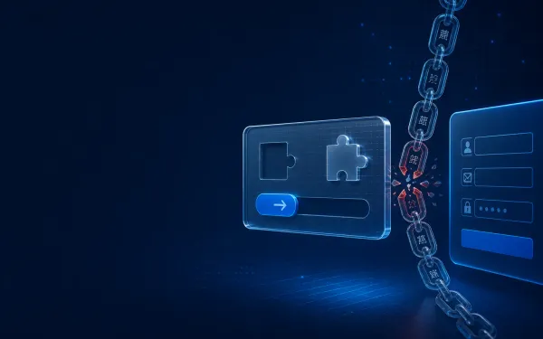 Deep navy Chinaready Insights cover with a right-weighted glass CAPTCHA puzzle tile, broken overseas script chain, and reachable form panel; left field open for title scrim; no headline text in the image.