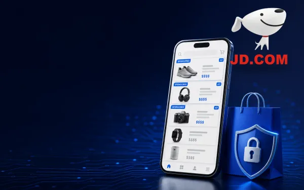 Deep navy Chinaready Insights cover with a right-weighted free-floating official JD.COM logo (Joy dog mark and full JD.COM wordmark, no plate) paired with a sponsored-product phone rail, shopping bag, and lock-shield gate; left field open for title scrim; English-only UI glyphs; no Chinese characters or article headline text in the image.