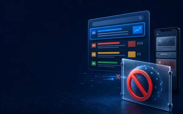 Deep navy Chinaready Insights cover with a right-weighted Google Ads-style auction panel behind a blocked-surface barrier, paired with a phone showing China-native feed cards; left field open for title scrim; no headline text in the image.