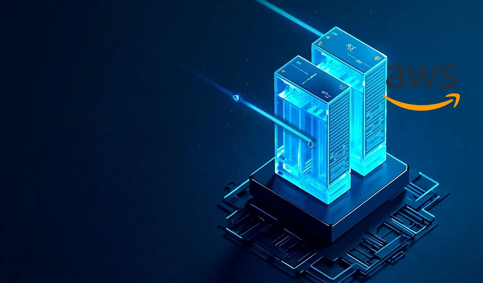 Deep navy editorial cover — two frosted-glass server towers on a circuit plinth, one missing a layer marked in amber, under a tick-marked measuring beam; the AWS mark floats upper right and the left half stays open for the title.