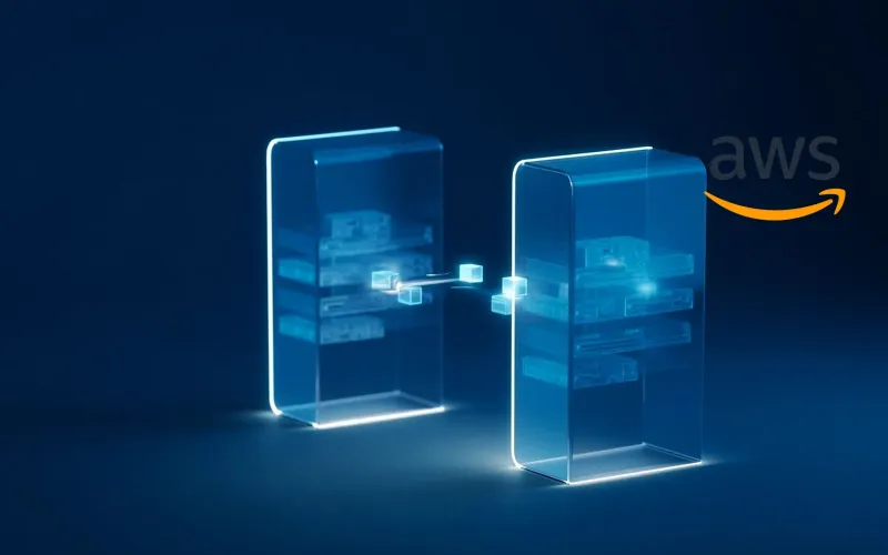 Editorial cover — two frosted-glass storage towers on a navy field, objects streaming left to right along a light beam from the AWS tower into the Alibaba Cloud tower, an amber verification gate on the beam; the AWS mark floats upper right and the left half stays clear for the title.