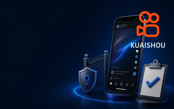 Deep navy Chinaready Insights cover with a right-weighted free-floating official Kuaishou orange camera mark and English KUAISHOU wordmark (fully visible, no plate) paired with a short-video phone feed and lock-gate motif; left field open for title scrim; English-only UI glyphs; no Chinese characters or article headline text in the image.
