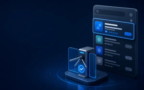 Deep navy Chinaready Insights cover with a right-weighted App Store search-results panel showing a sponsored ad slot paired with a brand-blue verification turnstile gate; left field open for title scrim; no headline text in the image.