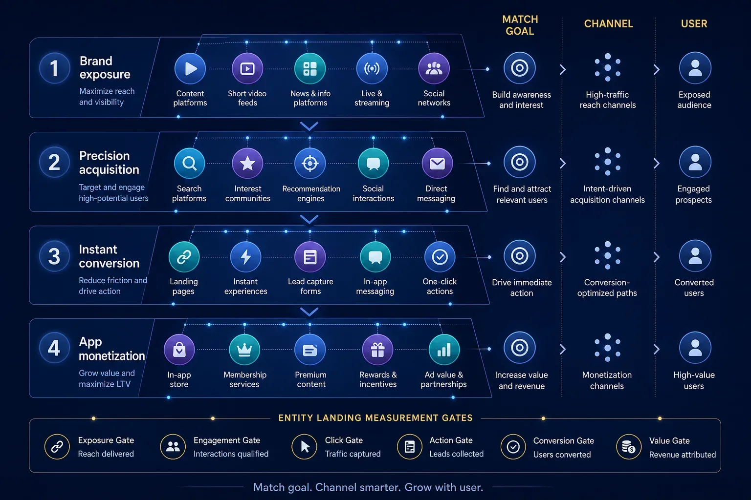 Four-layer China ads map — brand exposure, precision acquisition, instant conversion, and App monetization.