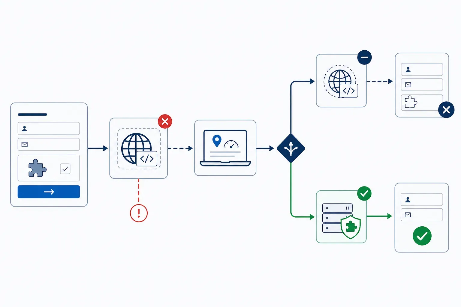 Decision path from form submit through a broken overseas CAPTCHA dependency, Mainland China proof, and a China-reachable captcha or form stack.