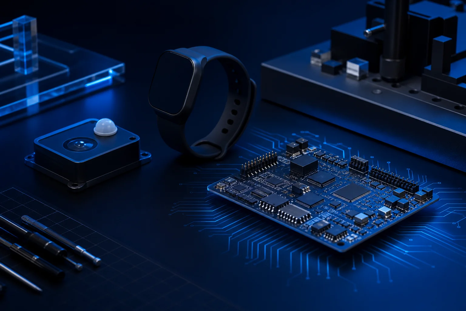 Abstract hardware prototype lab with PCB and connected device silhouettes